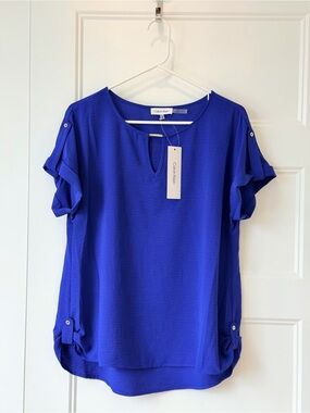 Calvin Klein Cobalt Blue Short Sleeve Keyhole Blouse